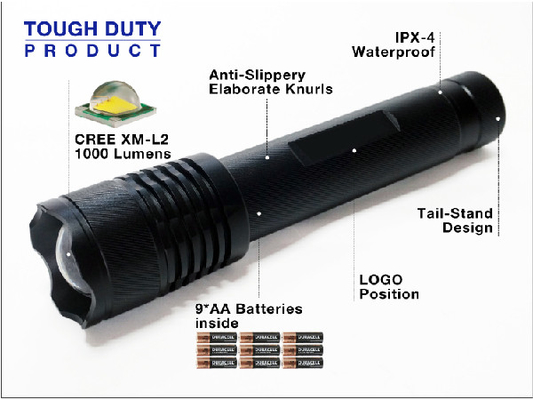 Torcia a testa alta di sicurezza dello zoom 1000 lumi con 9 * batterie AA